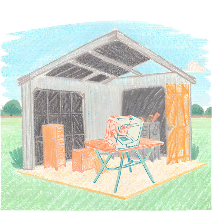 Ein Offener Geräteschuppen; auf dem Tisch steht ein 3D-Drucker