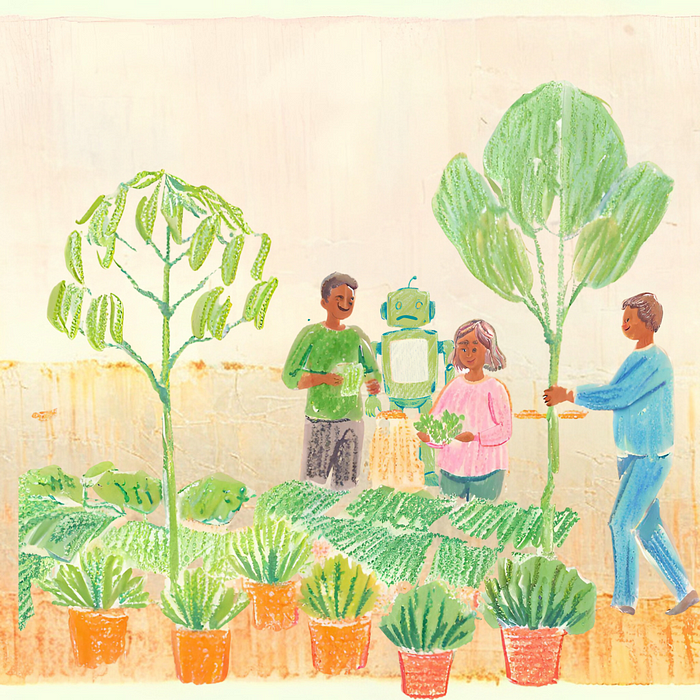 3 Menschen und ein Roboter stehen vor einem Gemüsebeet. Der Roboter hat einen traurigen Gesichtsausdruck