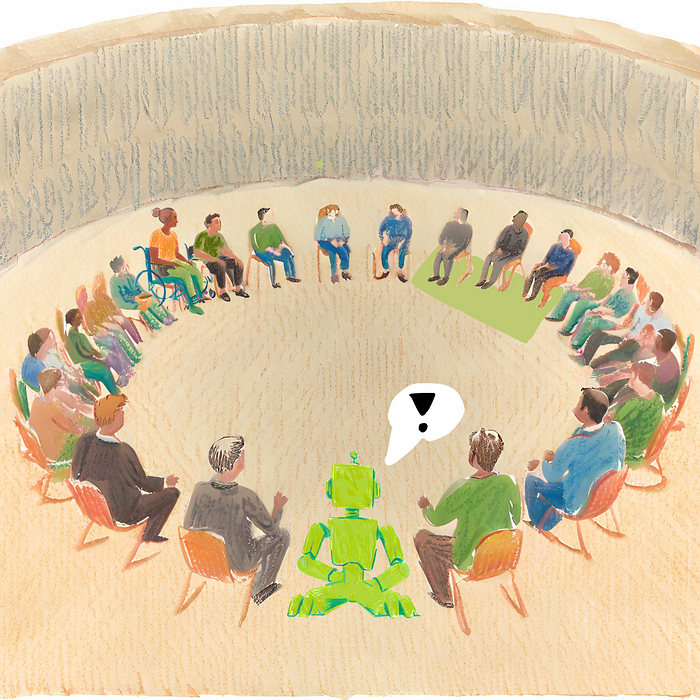 Viele Menschen und ein Roboter sitzen im Kreis. Der Roboter hat eine Sprechblase mit einem Ausrufezeichen über dem Kopf