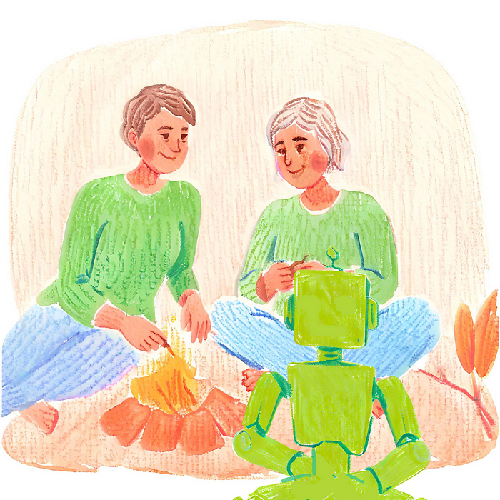 2 Menschen und ein Roboter sitzen um ein Lagerfeuer herum